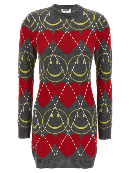 Dress by Moschino for women in polyamide leather viscose & cashmere multicolor & patterned features a dramatic silhouette, showcasing an elegant crew neckline and that flows into a dramatic short mini.
