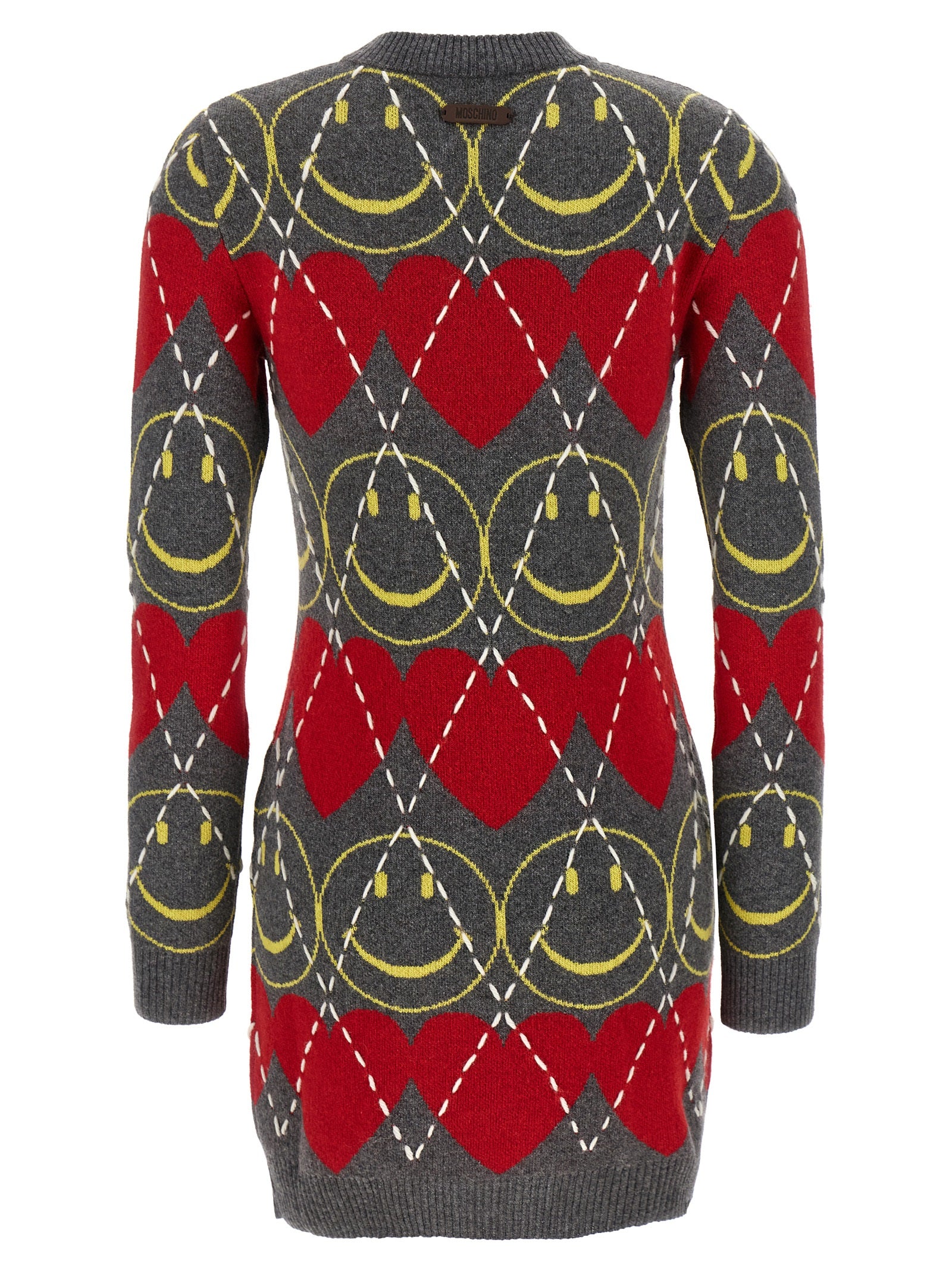 Dress by Moschino for women in polyamide leather viscose & cashmere multicolor & patterned features an magnificent silhouette, artfully detailed with a magnificent crew neckline and that flows into an magnificent short mini.