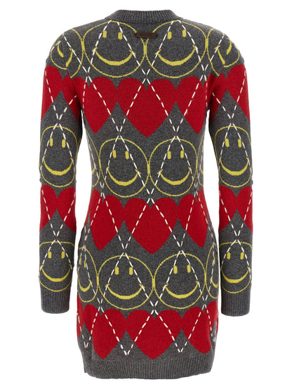 Dress by Moschino for women in polyamide leather viscose & cashmere multicolor & patterned features an magnificent silhouette, artfully detailed with a magnificent crew neckline and that flows into an magnificent short mini.