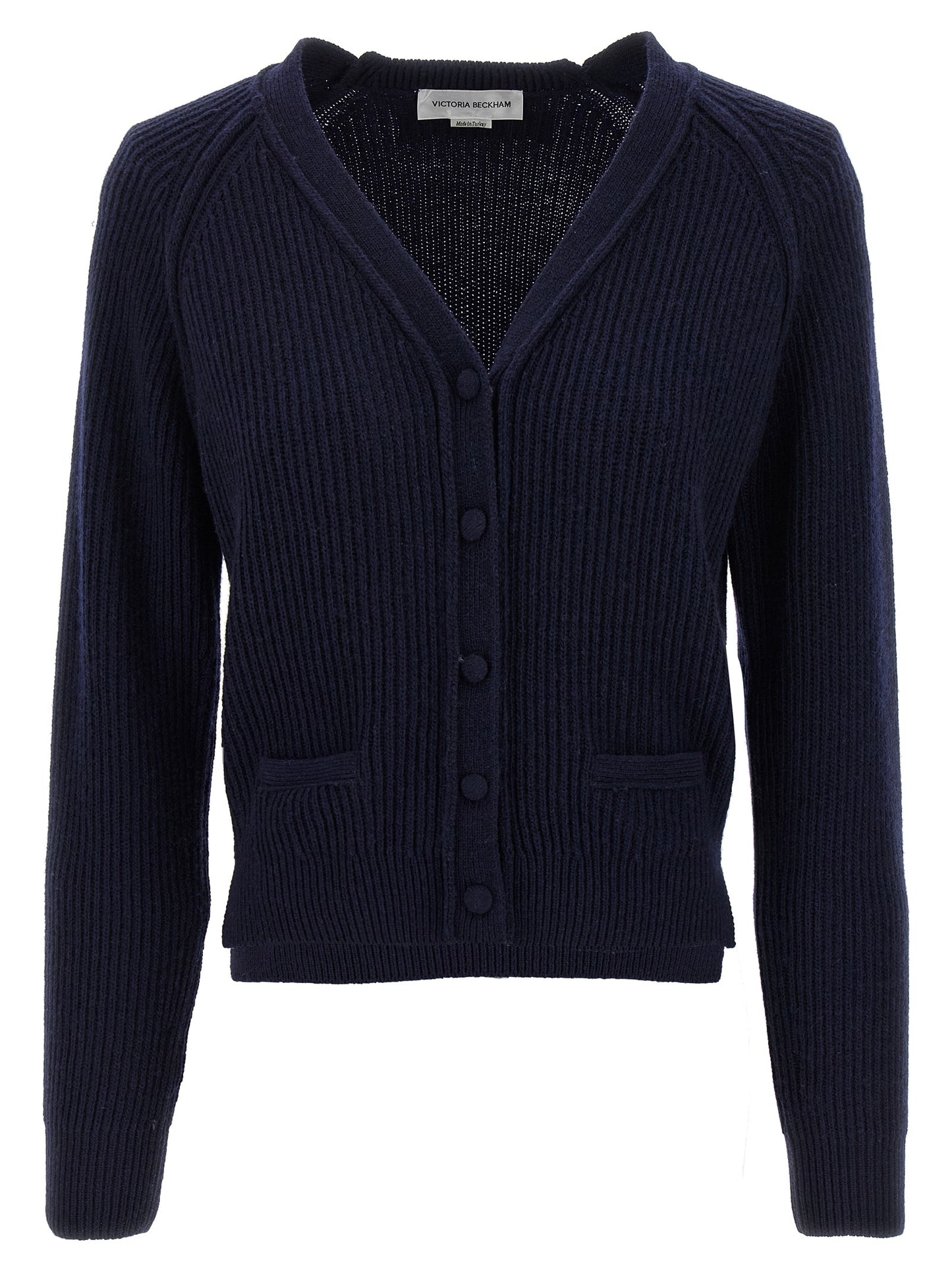 Cardigan by Victoria Beckham for women in cashmere blue features a nuanced silhouette with a refined v-neck neckline and nuanced detailing for a sophisticated look.