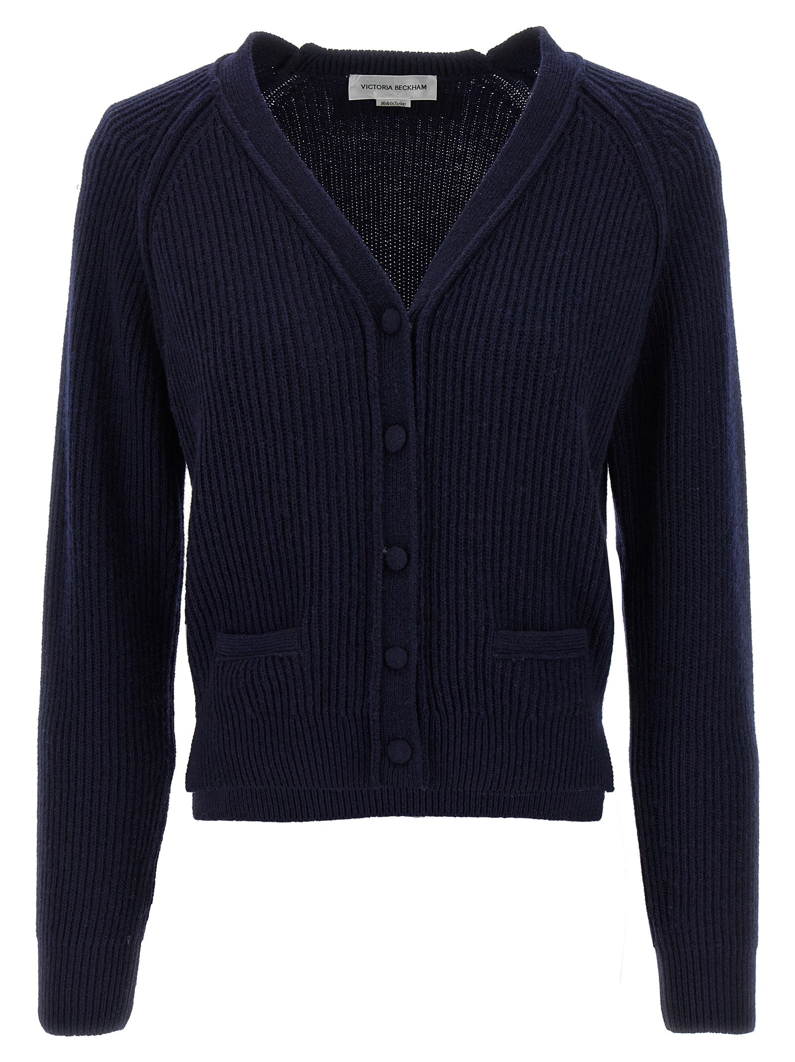 Cardigan by Victoria Beckham for women in cashmere blue features a nuanced silhouette with a refined v-neck neckline and nuanced detailing for a sophisticated look.