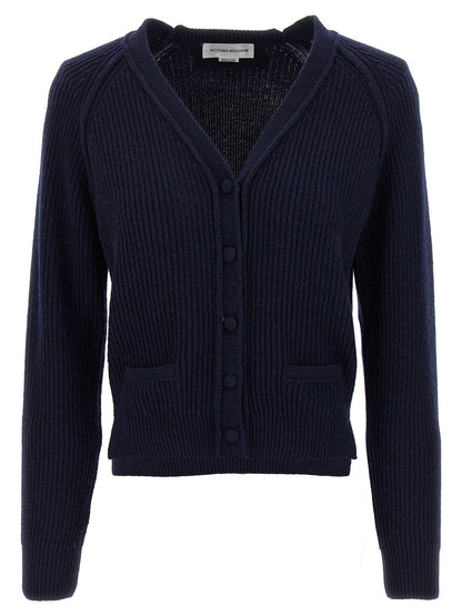 Cardigan by Victoria Beckham for women in cashmere blue features a nuanced silhouette with a refined v-neck neckline and nuanced detailing for a sophisticated look.
