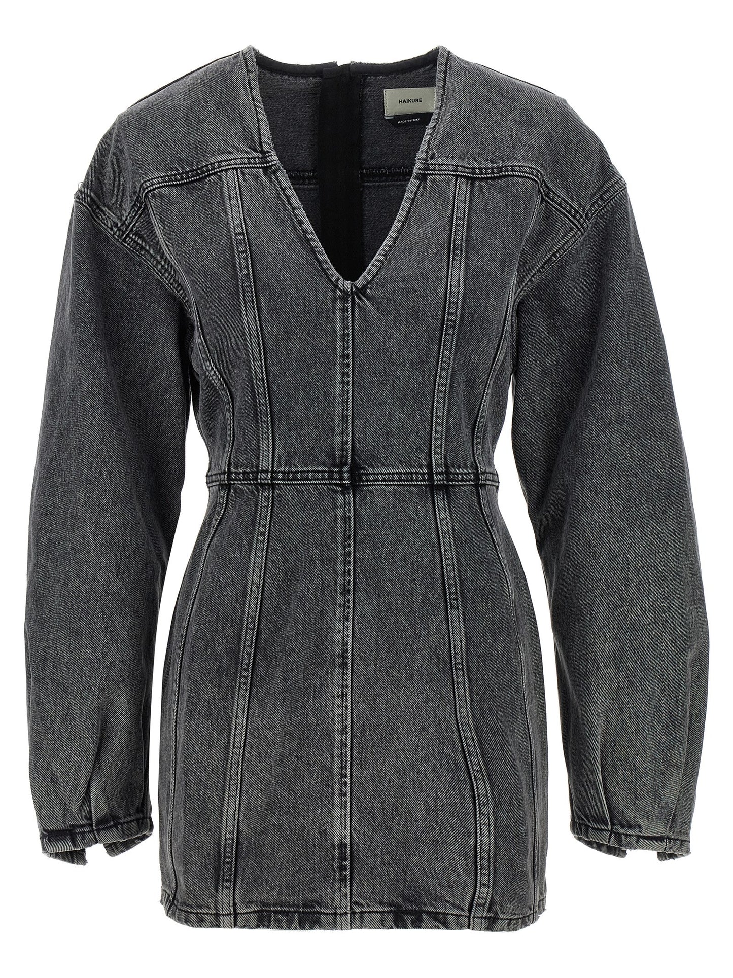 Dress by Haikure for women in denim cotton gray features a dramatic silhouette, showcasing an elegant v-neck neckline and that flows into a dramatic midi mini.
