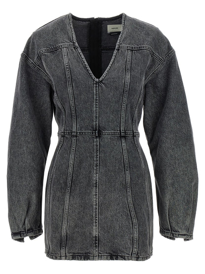 Dress by Haikure for women in denim cotton gray features a dramatic silhouette, showcasing an elegant v-neck neckline and that flows into a dramatic midi mini.