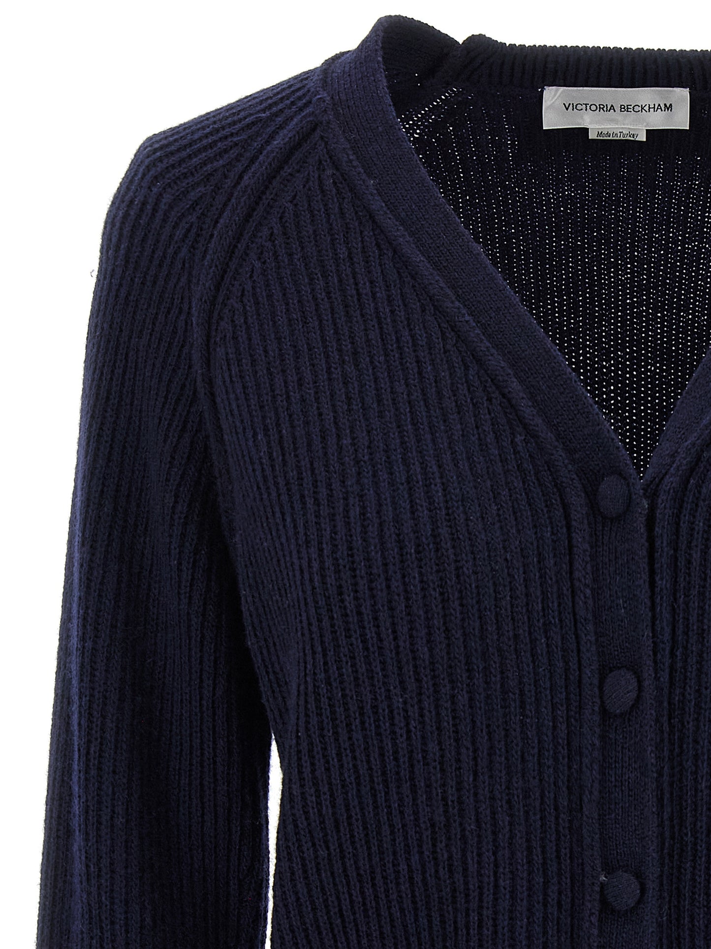 Cardigan by Victoria Beckham for women in cashmere blue presents a textural silhouette, artfully finished with a textural v-neck neckline and for a sophisticated, textural look.