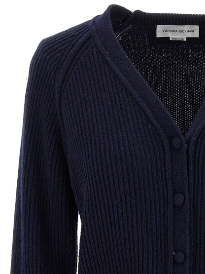 Cardigan by Victoria Beckham for women in cashmere blue presents a textural silhouette, artfully finished with a textural v-neck neckline and for a sophisticated, textural look.