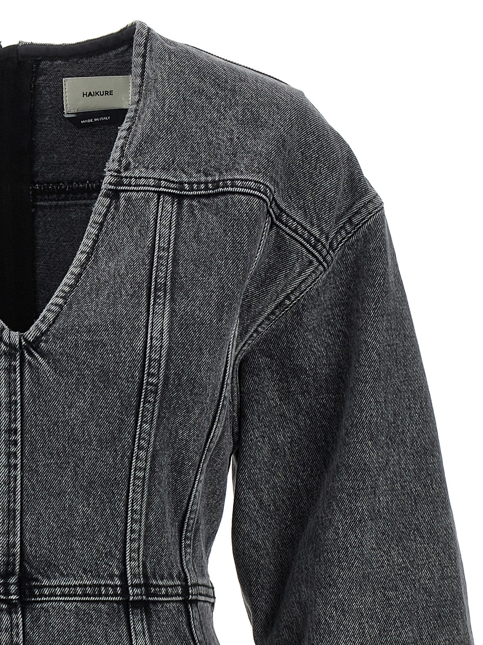 Dress by Haikure for women in denim cotton gray features an eye catching silhouette with a sophisticated v-neck neckline, elegant , and a refined midi mini for a eye catching aesthetic.