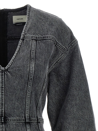 Dress by Haikure for women in denim cotton gray features an eye catching silhouette with a sophisticated v-neck neckline, elegant , and a refined midi mini for a eye catching aesthetic.