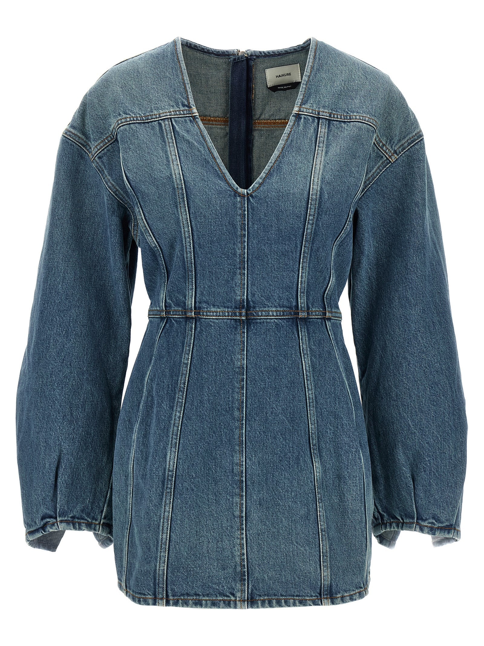 Dress by Haikure for women in denim cotton light-blue features an magnificent silhouette, artfully detailed with a magnificent v-neck neckline and that flows into an magnificent short mini.