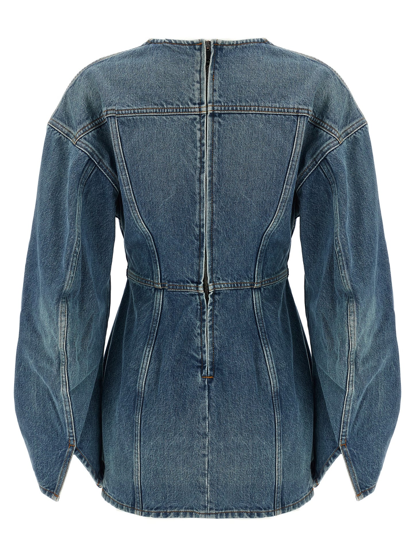 Dress by Haikure for women in denim cotton light-blue presents a sinuous silhouette, showcasing a sophisticated v-neck neckline and detailed with a sinuous short mini for a refined finish.