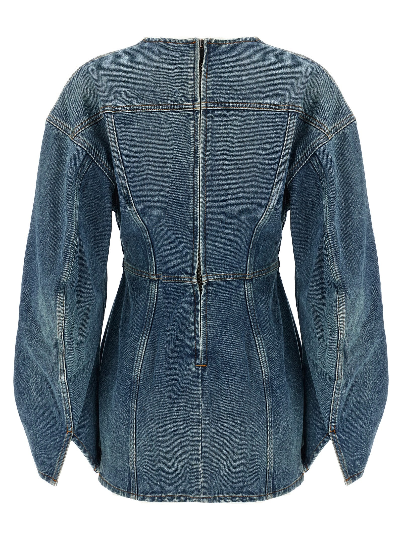 Dress by Haikure for women in denim cotton light-blue presents a sinuous silhouette, showcasing a sophisticated v-neck neckline and detailed with a sinuous short mini for a refined finish.