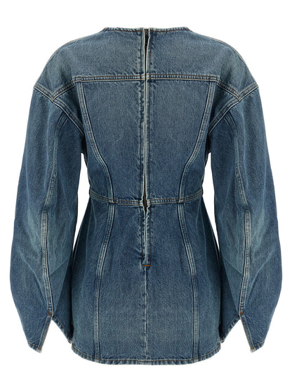 Dress by Haikure for women in denim cotton light-blue presents a sinuous silhouette, showcasing a sophisticated v-neck neckline and detailed with a sinuous short mini for a refined finish.