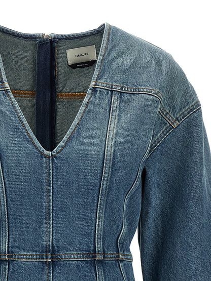 Dress by Haikure for women in denim cotton light-blue features an eye catching silhouette with a sophisticated v-neck neckline, elegant , and a refined short mini for a eye catching aesthetic.