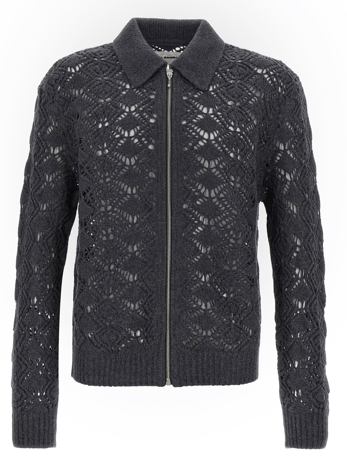 Cardigan by Jil Sander for men in virgin wool gray showcases a captivating silhouette, artfully detailed with a captivating long-sleeve and shirt-collar neckline for a truly sophisticated captivating look.