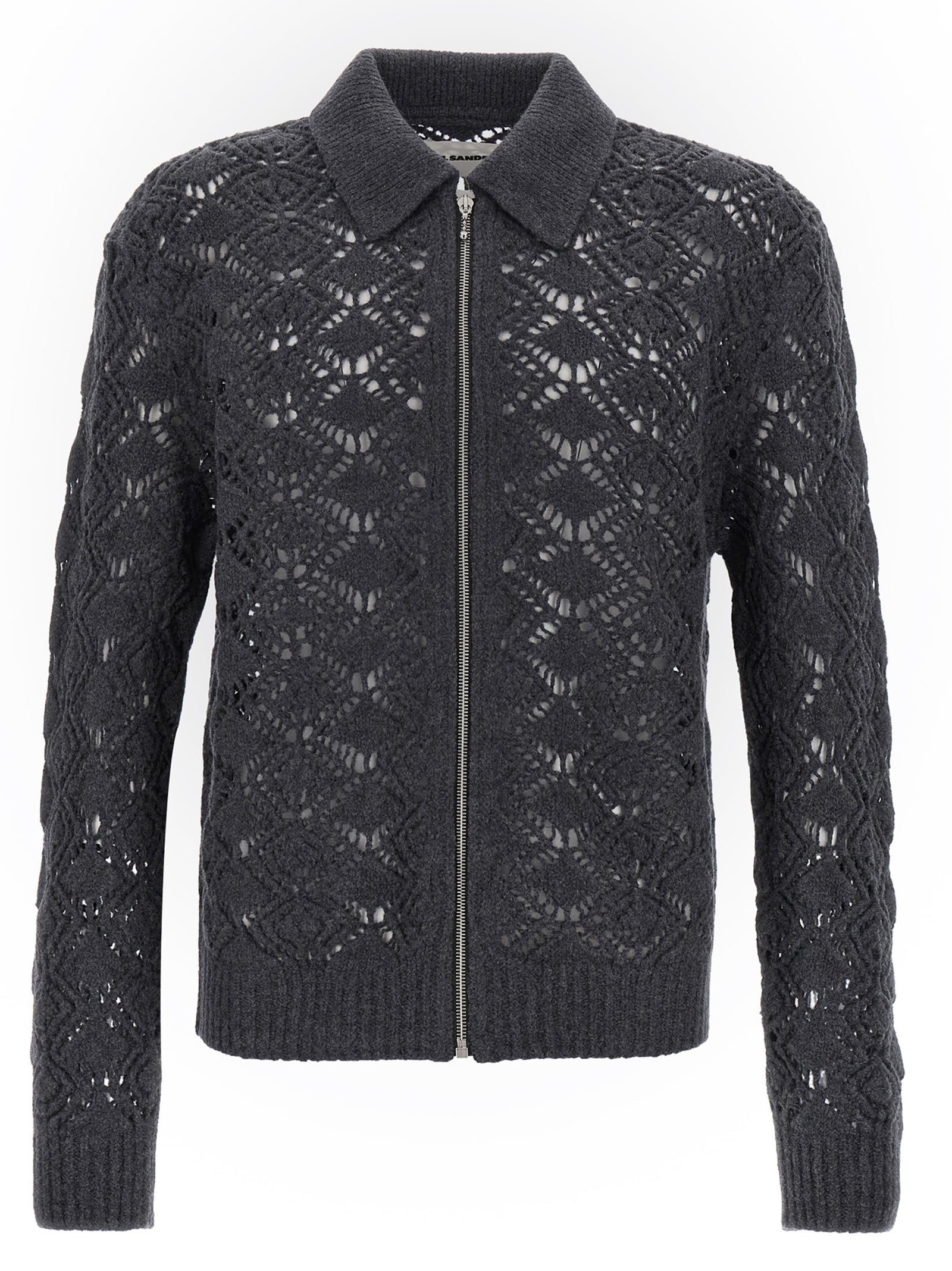 Cardigan by Jil Sander for men in virgin wool gray showcases a captivating silhouette, artfully detailed with a captivating long-sleeve and shirt-collar neckline for a truly sophisticated captivating look.