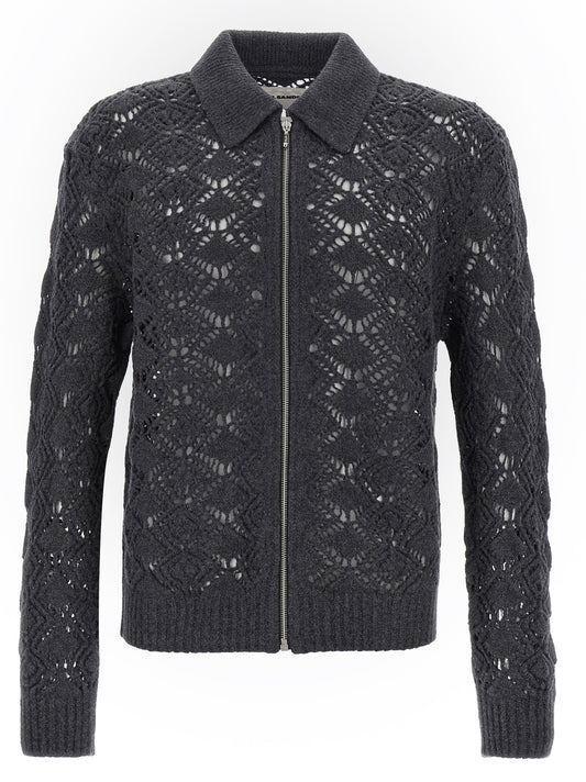 Cardigan by Jil Sander for men in virgin wool gray showcases a captivating silhouette, artfully detailed with a captivating long-sleeve and shirt-collar neckline for a truly sophisticated captivating look.