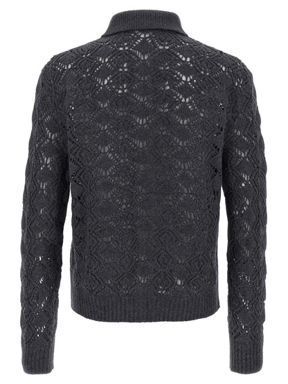 Cardigan by Jil Sander for men in virgin wool gray features a dramatic silhouette, showcasing a sophisticated shirt-collar neckline and dramatic detail for a timeless, premium look.