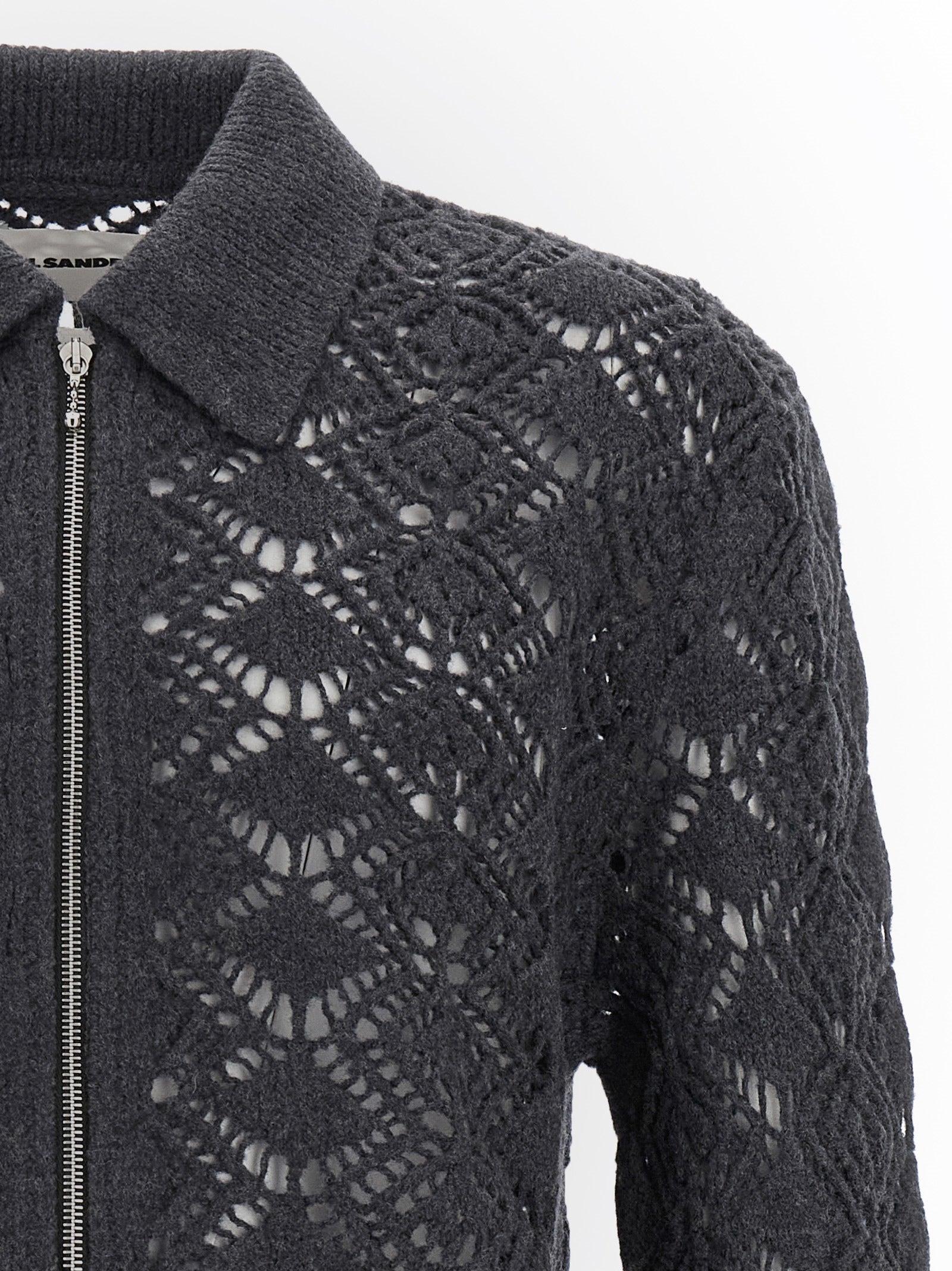 Cardigan by Jil Sander for men in virgin wool gray presents a textural silhouette, artfully finished with a textural shirt-collar neckline and for a sophisticated, textural look.
