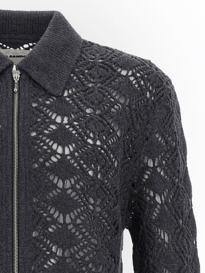 Cardigan by Jil Sander for men in virgin wool gray presents a textural silhouette, artfully finished with a textural shirt-collar neckline and for a sophisticated, textural look.