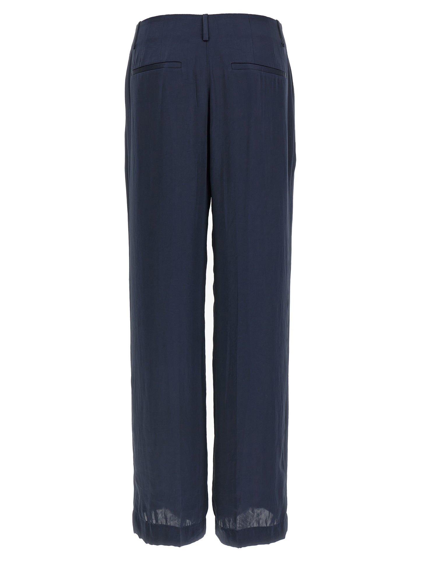 Trousers by Theory for women in silk & polyester blue features a sculptural silhouette, showcasing a sculptural straight-leg & wide and long with a sophisticated for a sculptural finish.