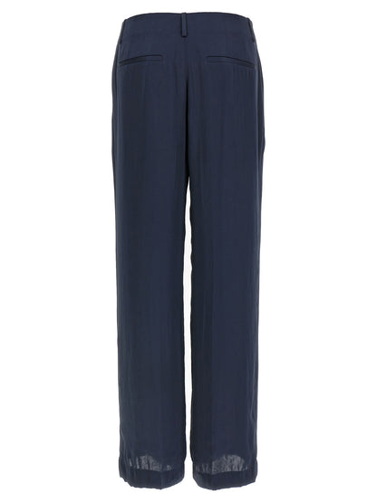 Trousers by Theory for women in silk & polyester blue features a sculptural silhouette, showcasing a sculptural straight-leg & wide and long with a sophisticated for a sculptural finish.