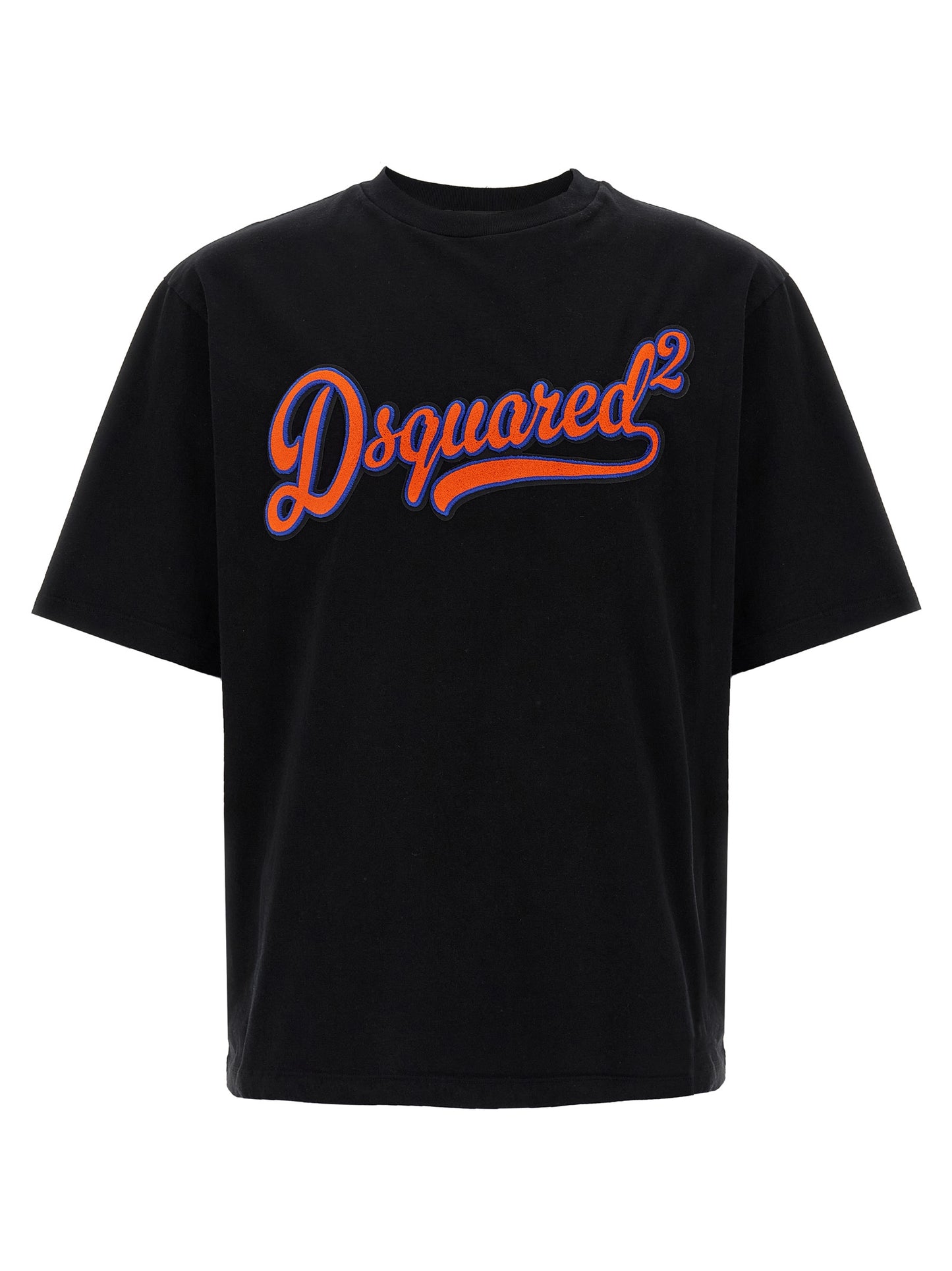 T-Shirt by Dsquared² for men in cotton black & print showcases a chic silhouette, artfully detailed with a chic crew neckline and short-sleeve for a chic finish.