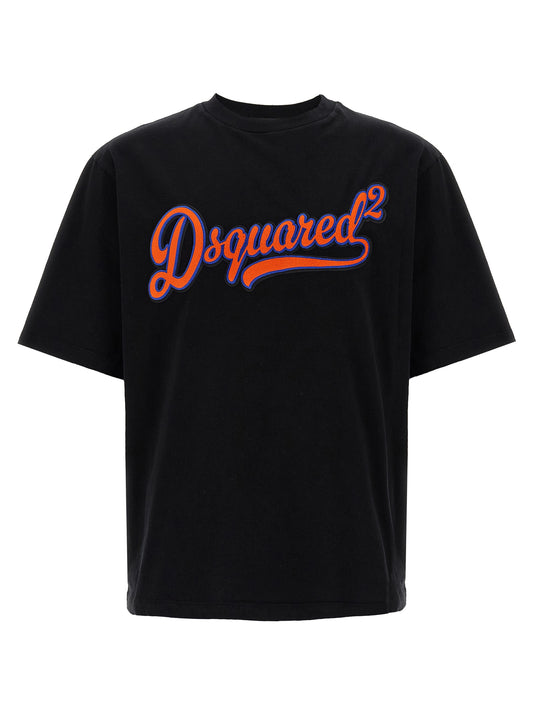 T-Shirt by Dsquared² for men in cotton black & print showcases a chic silhouette, artfully detailed with a chic crew neckline and short-sleeve for a chic finish.