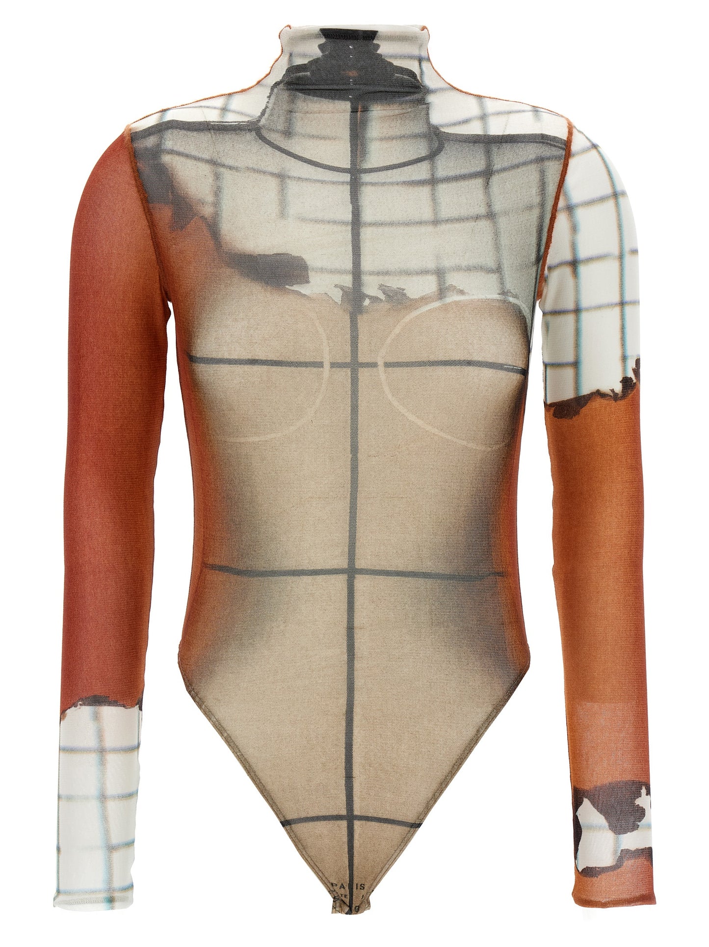 Bodysuit by Jean Paul Gaultier for women in polyamide multicolor & print features an provocative silhouette, showcasing a sophisticated high-neck neckline and provocative long-sleeve for a refined, provocative look.