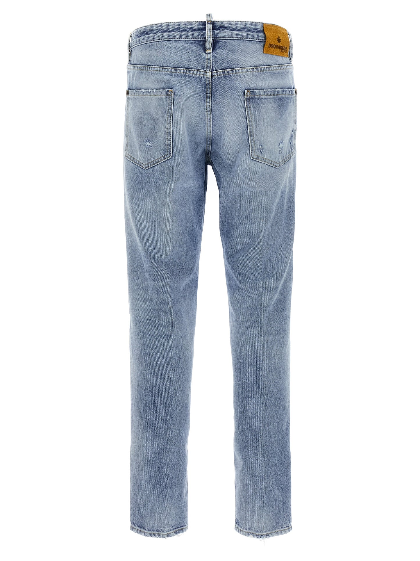 Jeans by Dsquared² for men in denim cotton & suede leather light-blue features a polished silhouette with a polished skinny, reaching a polished long and finished with a polished .