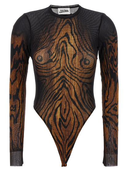 Bodysuit by Jean Paul Gaultier for women in polyamide multicolor & print features an provocative silhouette, showcasing a sophisticated crew neckline and provocative long-sleeve for a refined, provocative look.