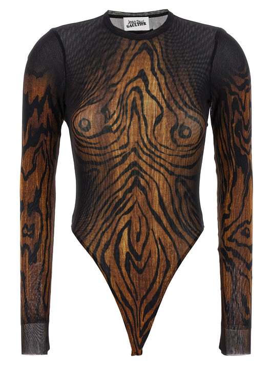 Bodysuit by Jean Paul Gaultier for women in polyamide multicolor & print features an provocative silhouette, showcasing a sophisticated crew neckline and provocative long-sleeve for a refined, provocative look.