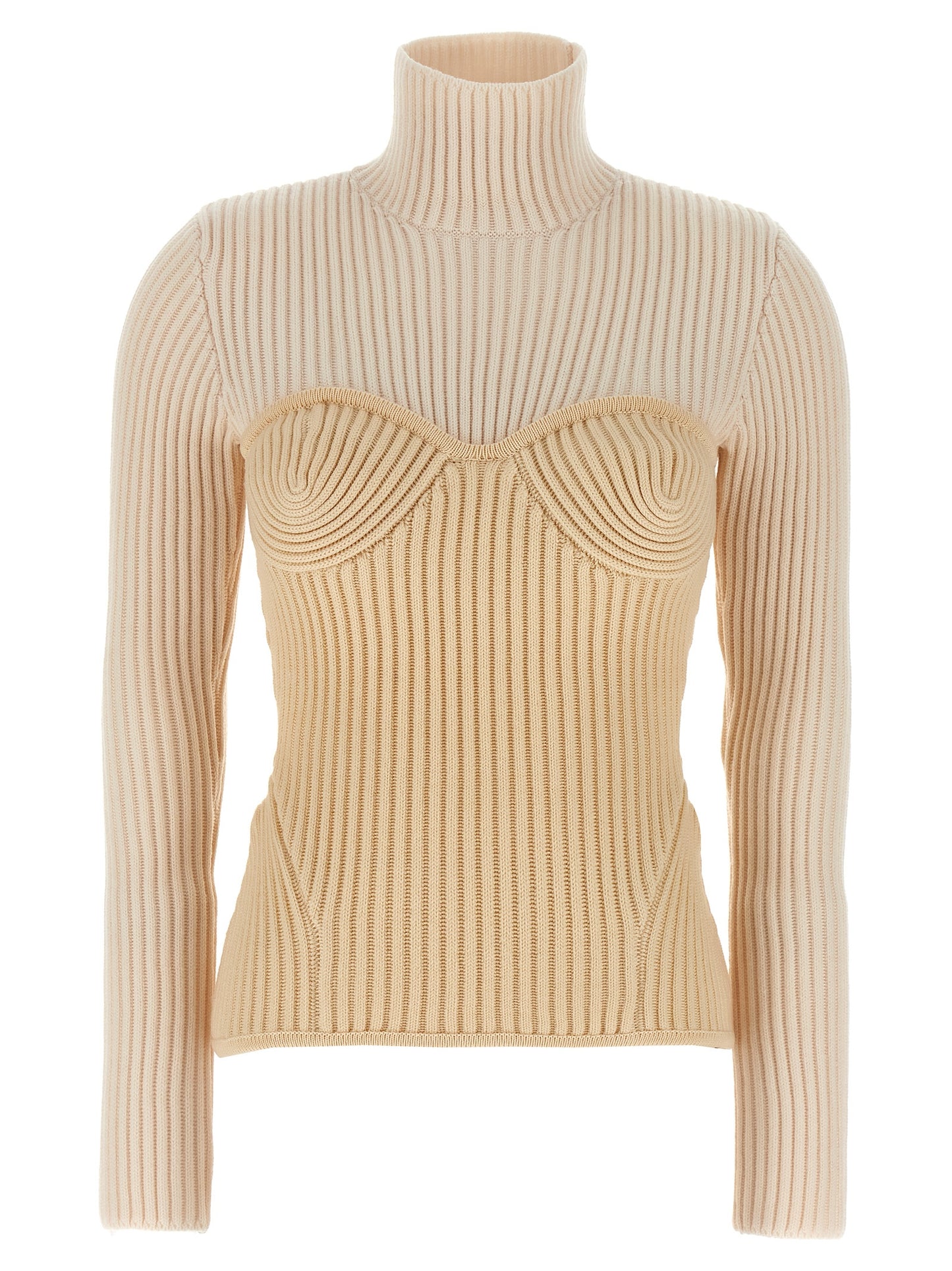 Top by Jean Paul Gaultier for women in merino wool beige showcases a chic silhouette, artfully detailed with a chic high-neck neckline and long-sleeve for a sophisticated, chic finish.
