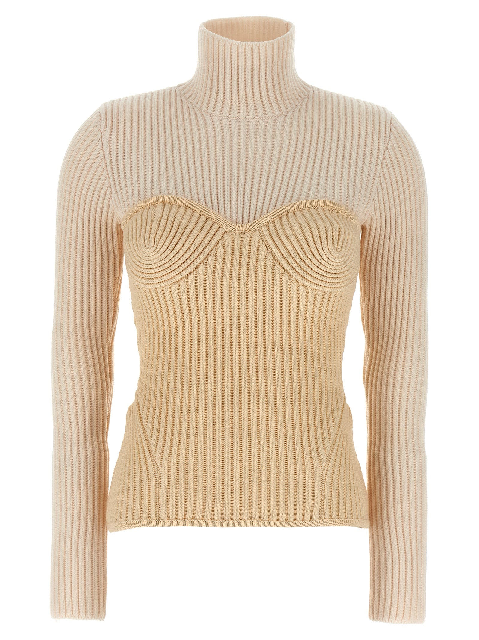 Top by Jean Paul Gaultier for women in merino wool beige showcases a chic silhouette, artfully detailed with a chic high-neck neckline and long-sleeve for a sophisticated, chic finish.
