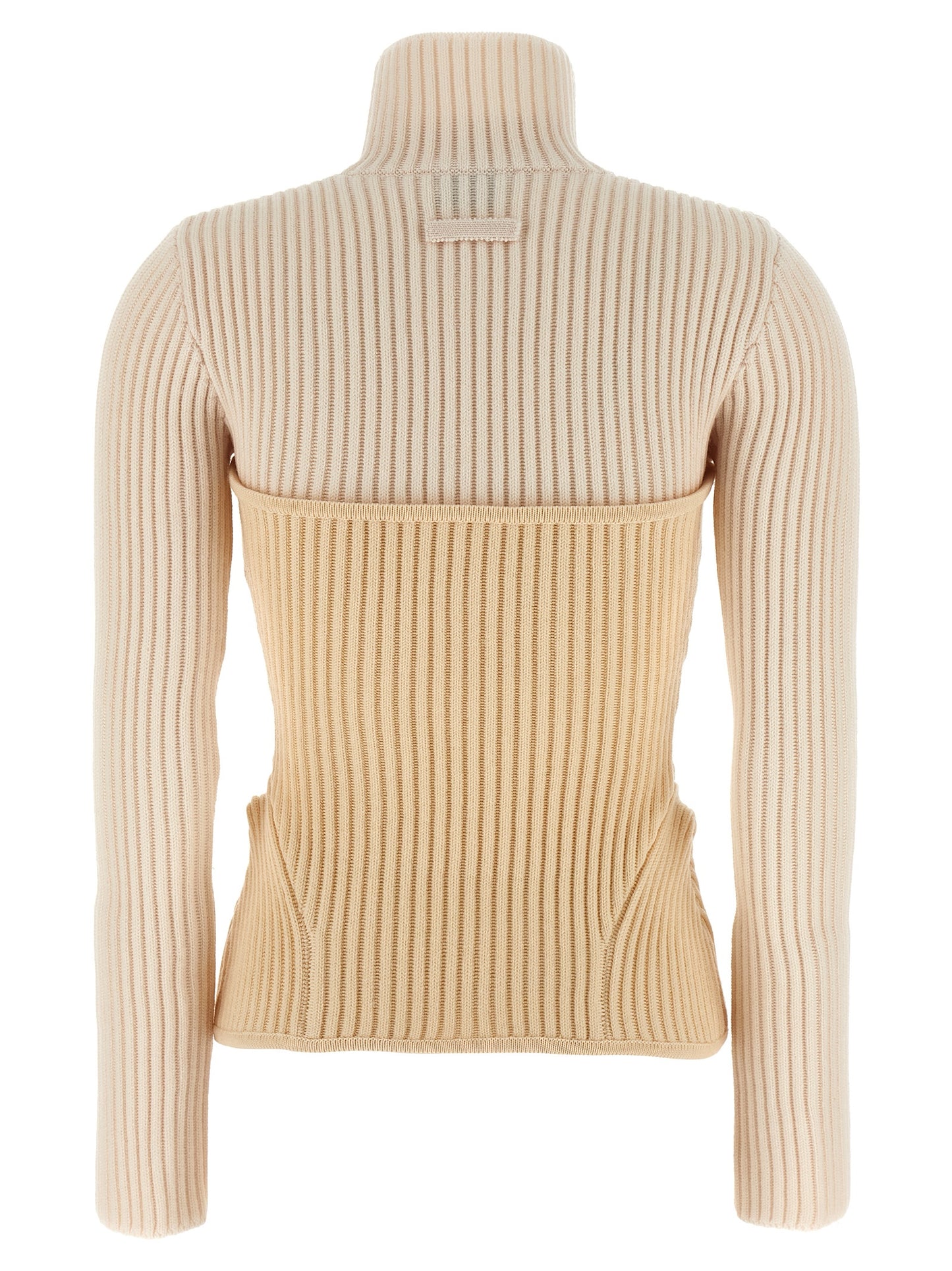 Top by Jean Paul Gaultier for women in merino wool beige showcases a sublime silhouette, detailed with a sublime and high-neck neckline for a sophisticated finish.