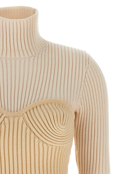 Top by Jean Paul Gaultier for women in merino wool beige showcases a chic silhouette, artfully detailed with a chic high-neck neckline and for a sophisticated, chic finish.