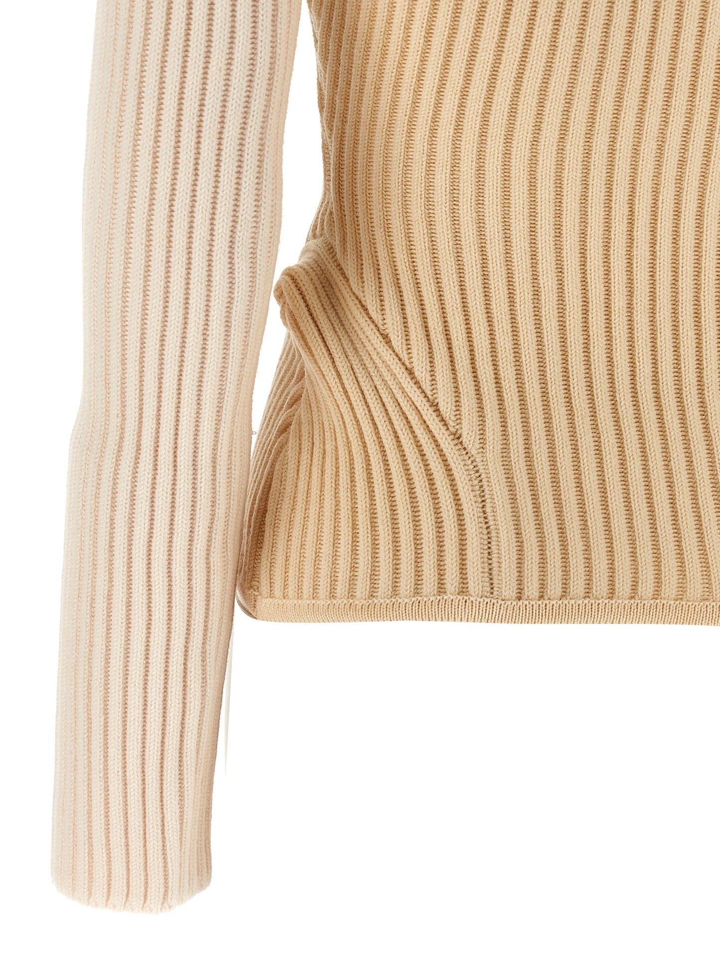 Top by Jean Paul Gaultier for women in merino wool beige features an plush silhouette, artfully detailed with a plush and plush for a truly plush look.
