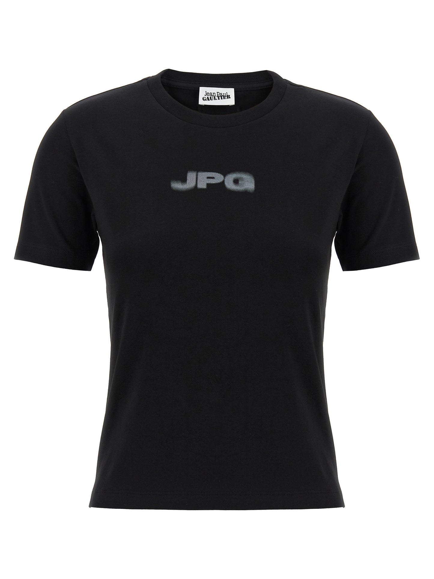 T-Shirt by Jean Paul Gaultier for women in stretch organic cotton black & print showcases a unassuming silhouette, artfully detailed with a refined crew neckline and unassuming short-sleeve for a sophisticated, contemporary look.