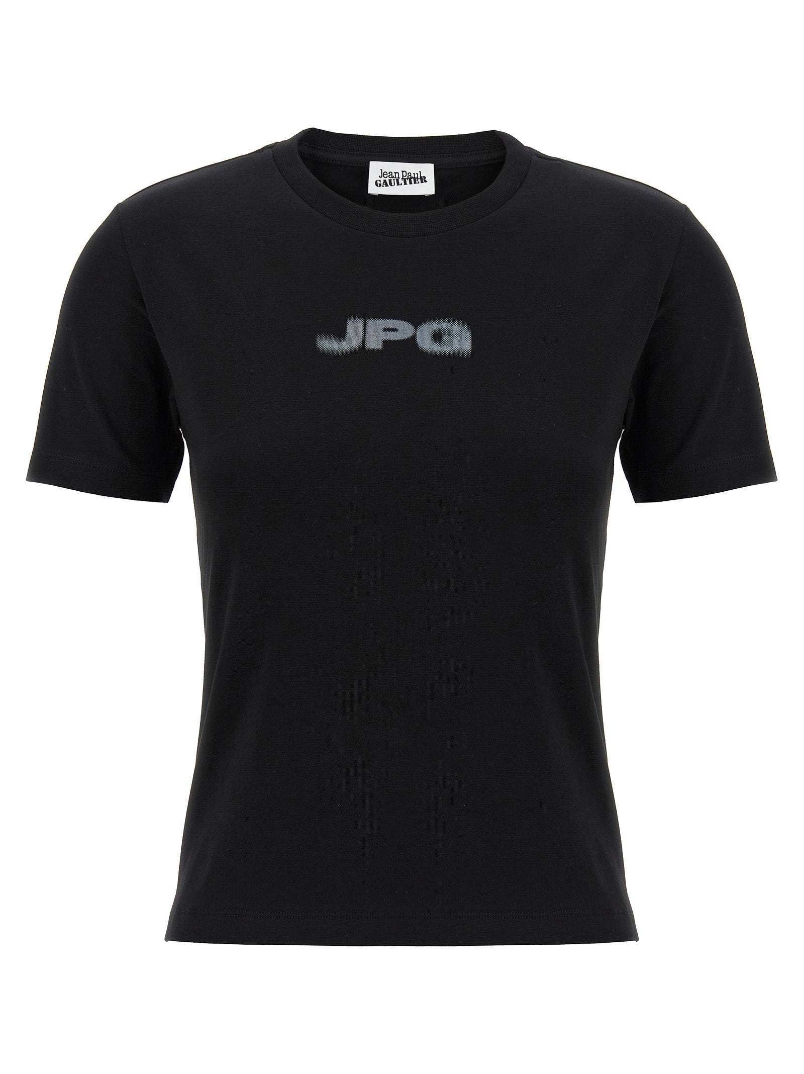 T-Shirt by Jean Paul Gaultier for women in stretch organic cotton black & print showcases a unassuming silhouette, artfully detailed with a refined crew neckline and unassuming short-sleeve for a sophisticated, contemporary look.