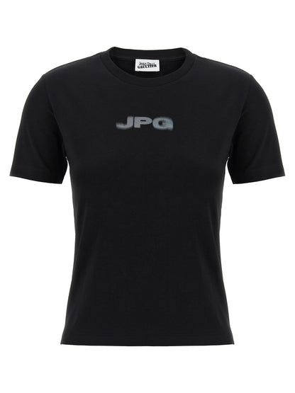 T-Shirt by Jean Paul Gaultier for women in stretch organic cotton black & print showcases a unassuming silhouette, artfully detailed with a refined crew neckline and unassuming short-sleeve for a sophisticated, contemporary look.