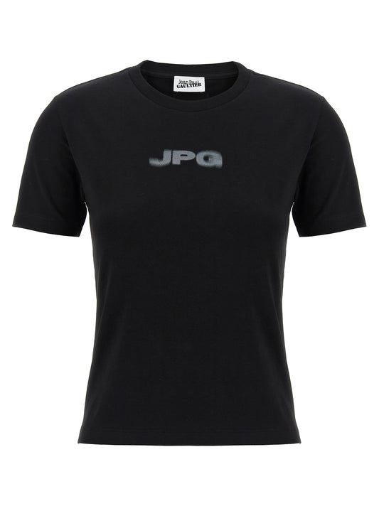 T-Shirt by Jean Paul Gaultier for women in stretch organic cotton black & print showcases a unassuming silhouette, artfully detailed with a refined crew neckline and unassuming short-sleeve for a sophisticated, contemporary look.