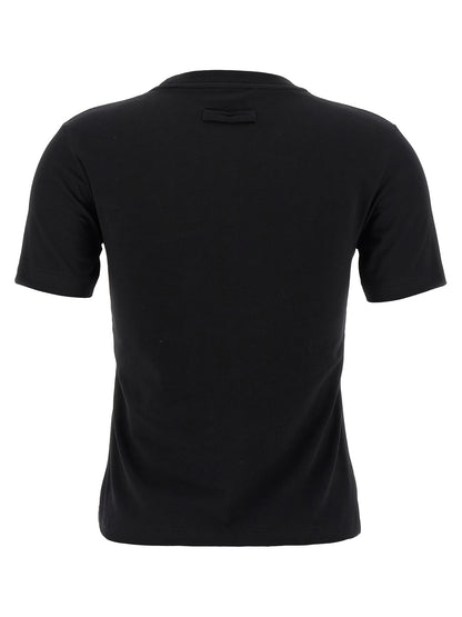 T-Shirt by Jean Paul Gaultier for women in stretch organic cotton black & print features an edgy silhouette, meticulously detailed with a sophisticated and crew neckline for a truly edgy finish.