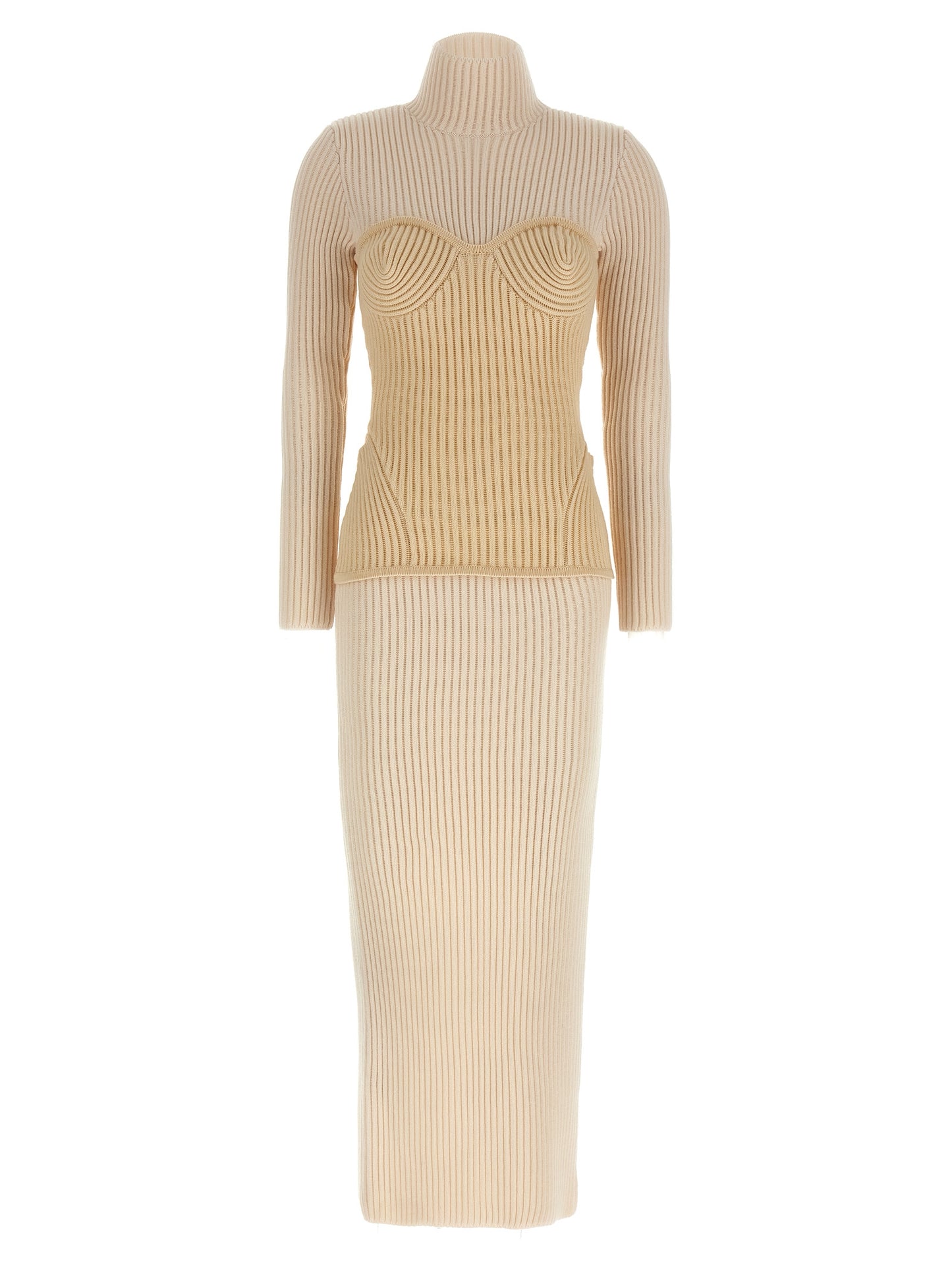 Dress by Jean Paul Gaultier for women in merino wool beige features an eye catching silhouette with a sophisticated split high-neck neckline, elegant long-sleeve, and a refined long for a eye catching aesthetic.