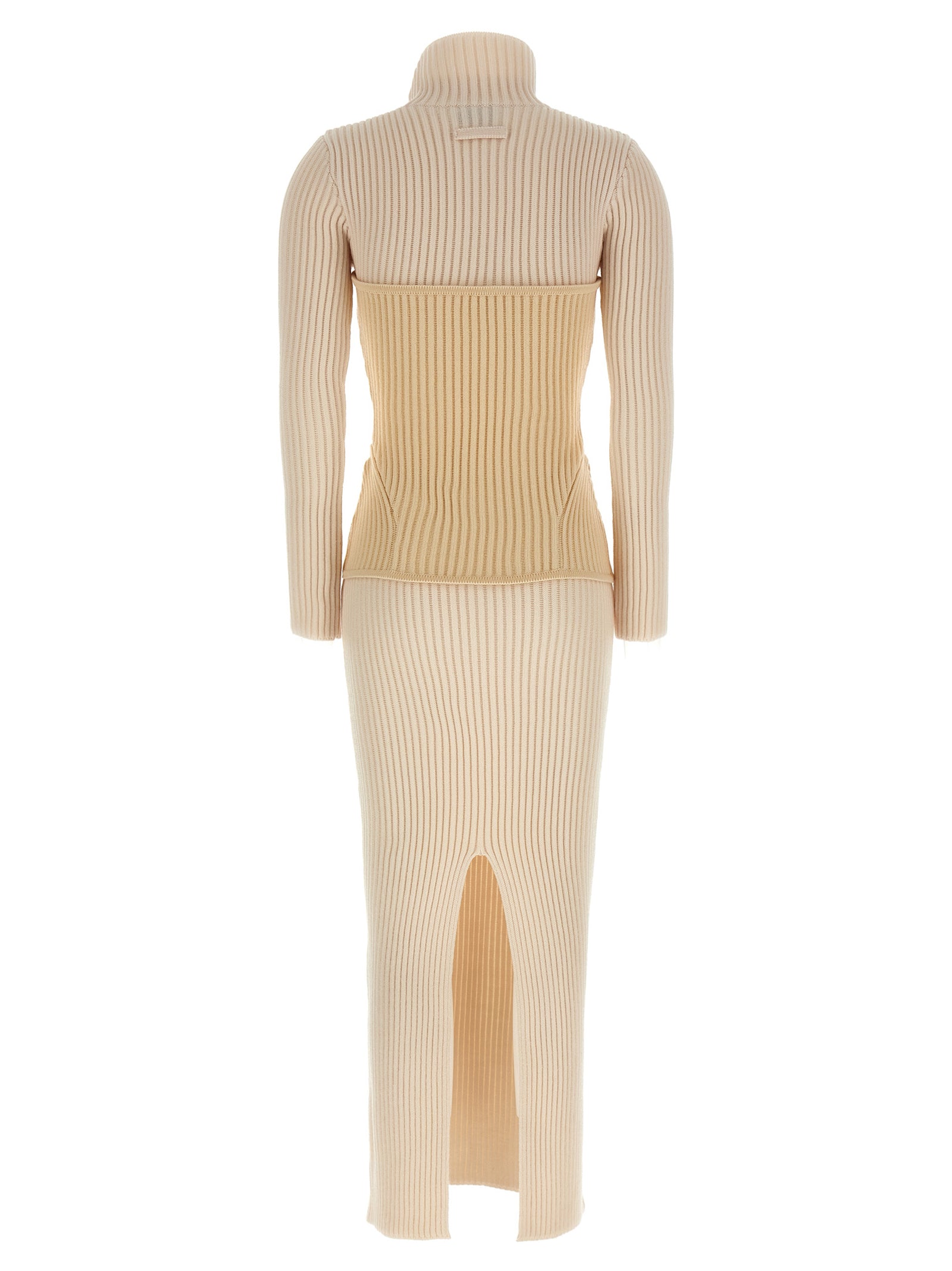 Dress by Jean Paul Gaultier for women in merino wool beige features a dramatic silhouette, showcasing an elegant split high-neck neckline and that flows into a dramatic long.