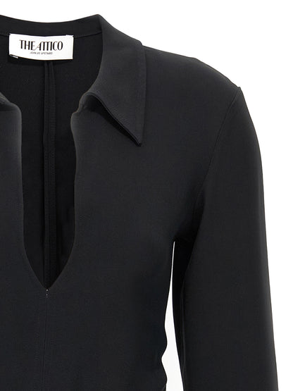Dress by The Attico for women in marabou & viscose black showcases a striking silhouette, elegantly detailed with a , refined v-neck neckline, and a striking short mini for a striking finish.