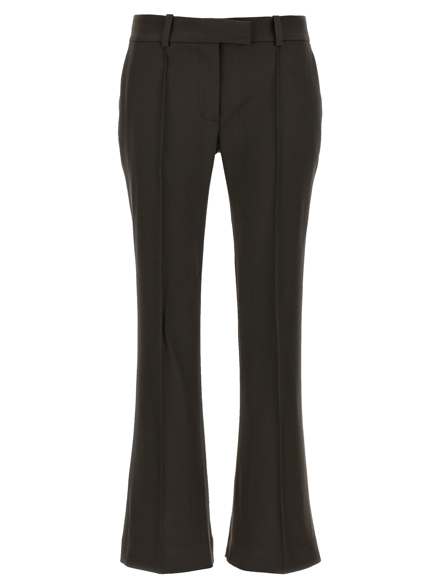 Trousers by The Attico for women in virgin wool brown features a artisanal silhouette, showcasing a sophisticated flared with a long and for a artisanal finish.