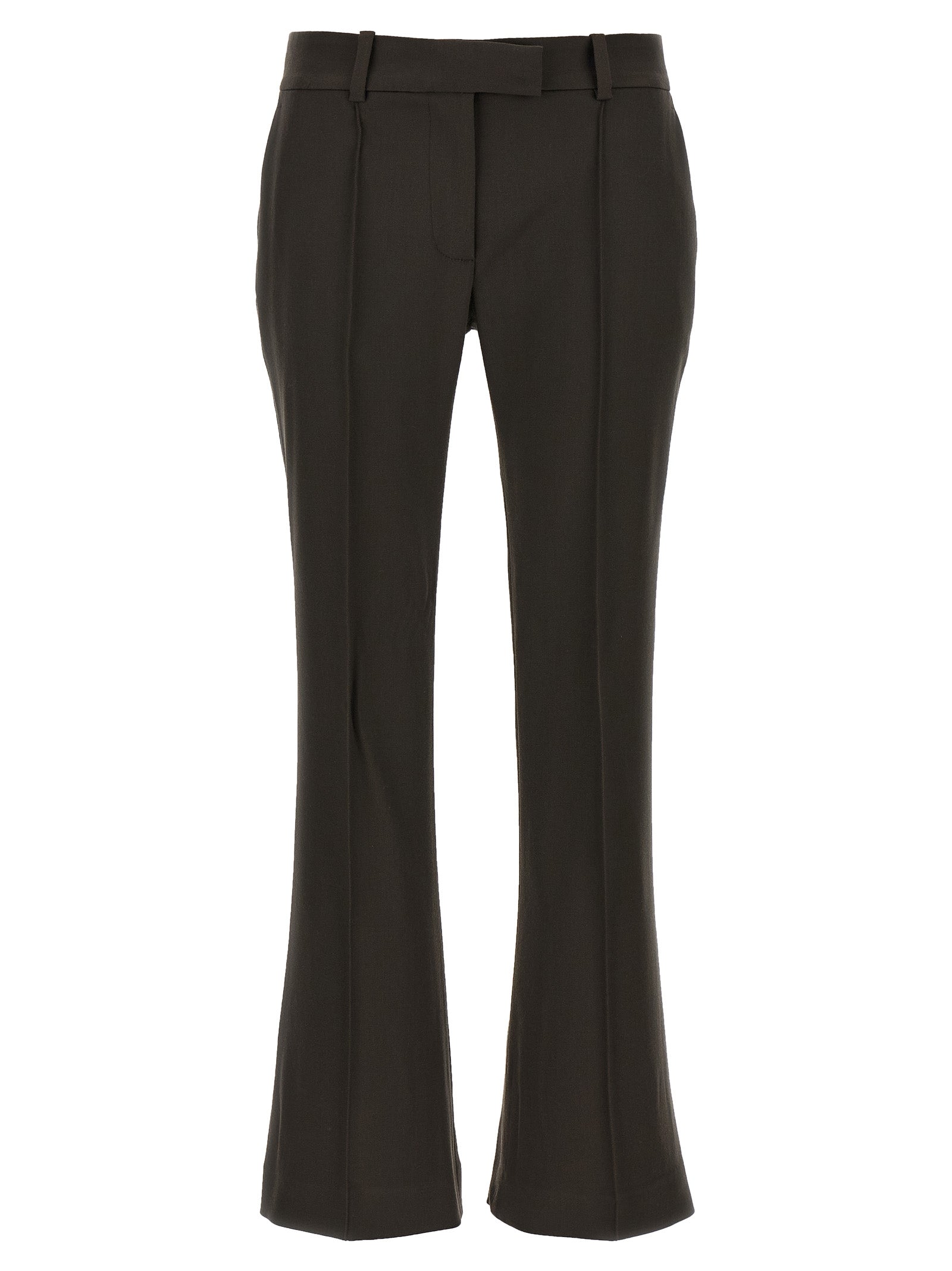 Trousers by The Attico for women in virgin wool brown features a artisanal silhouette, showcasing a sophisticated flared with a long and for a artisanal finish.