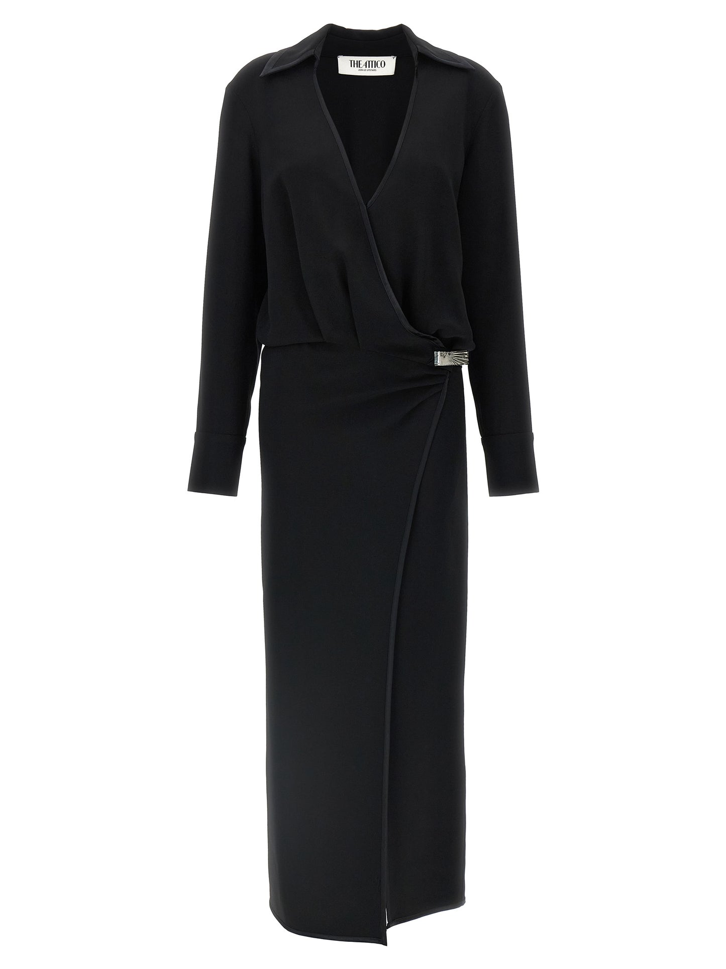 Dress by The Attico for women in marabou acrylic viscose satin black presents a sinuous silhouette, showcasing a sophisticated v-neck neckline and detailed with a sinuous midi for a refined finish.