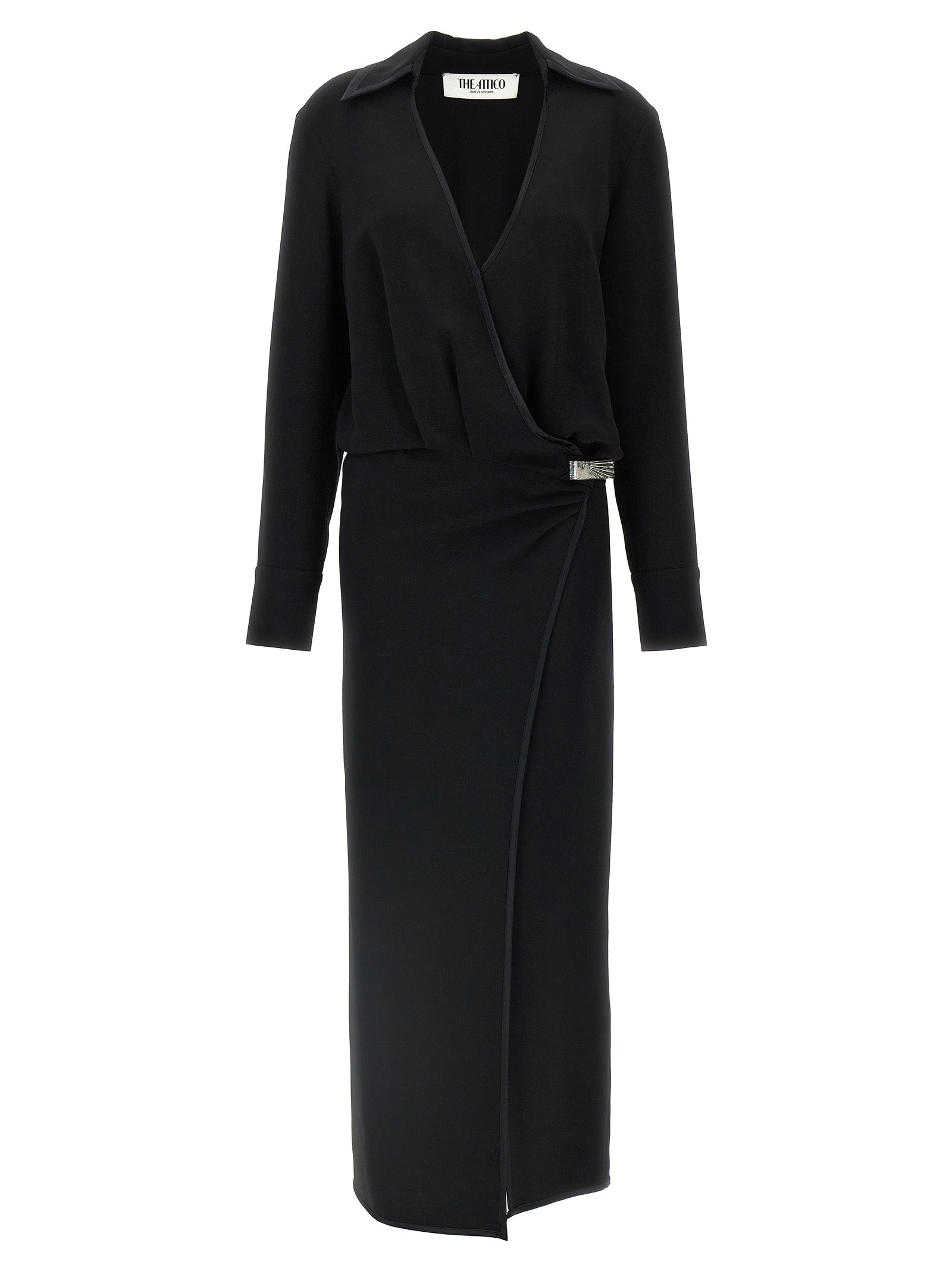 Dress by The Attico for women in marabou acrylic viscose satin black presents a sinuous silhouette, showcasing a sophisticated v-neck neckline and detailed with a sinuous midi for a refined finish.