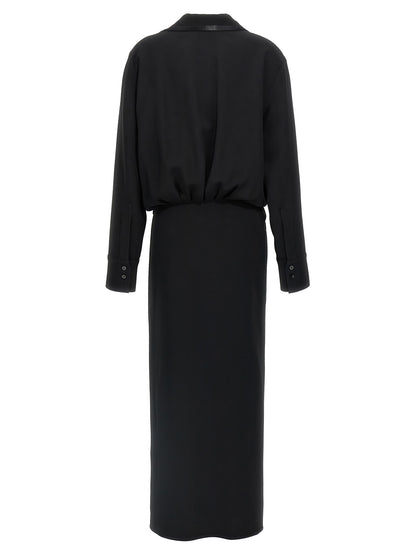 Dress by The Attico for women in marabou acrylic viscose satin black features an eye catching silhouette with a sophisticated v-neck neckline, elegant , and a refined midi for a eye catching aesthetic.