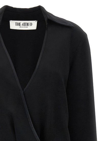 Dress by The Attico for women in marabou acrylic viscose satin black features an cute silhouette, detailed with a and v-neck neckline that elegantly flows into a cute midi.
